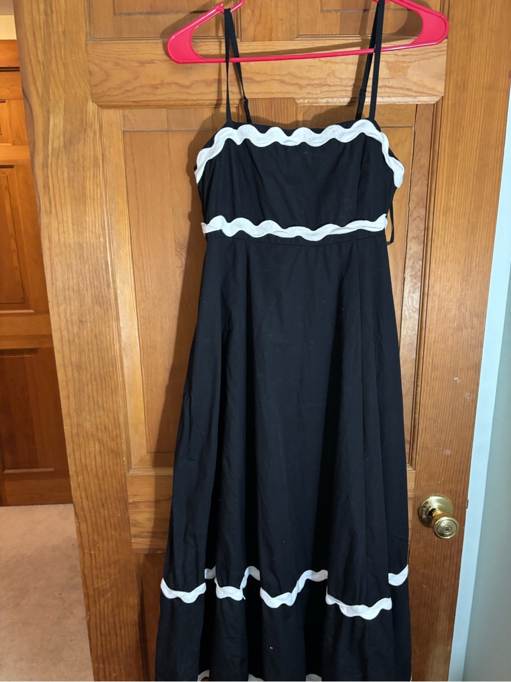 Sim and Sam Black Ruffle Maxi Dress White Scallop Trim Spaghetti Strap L